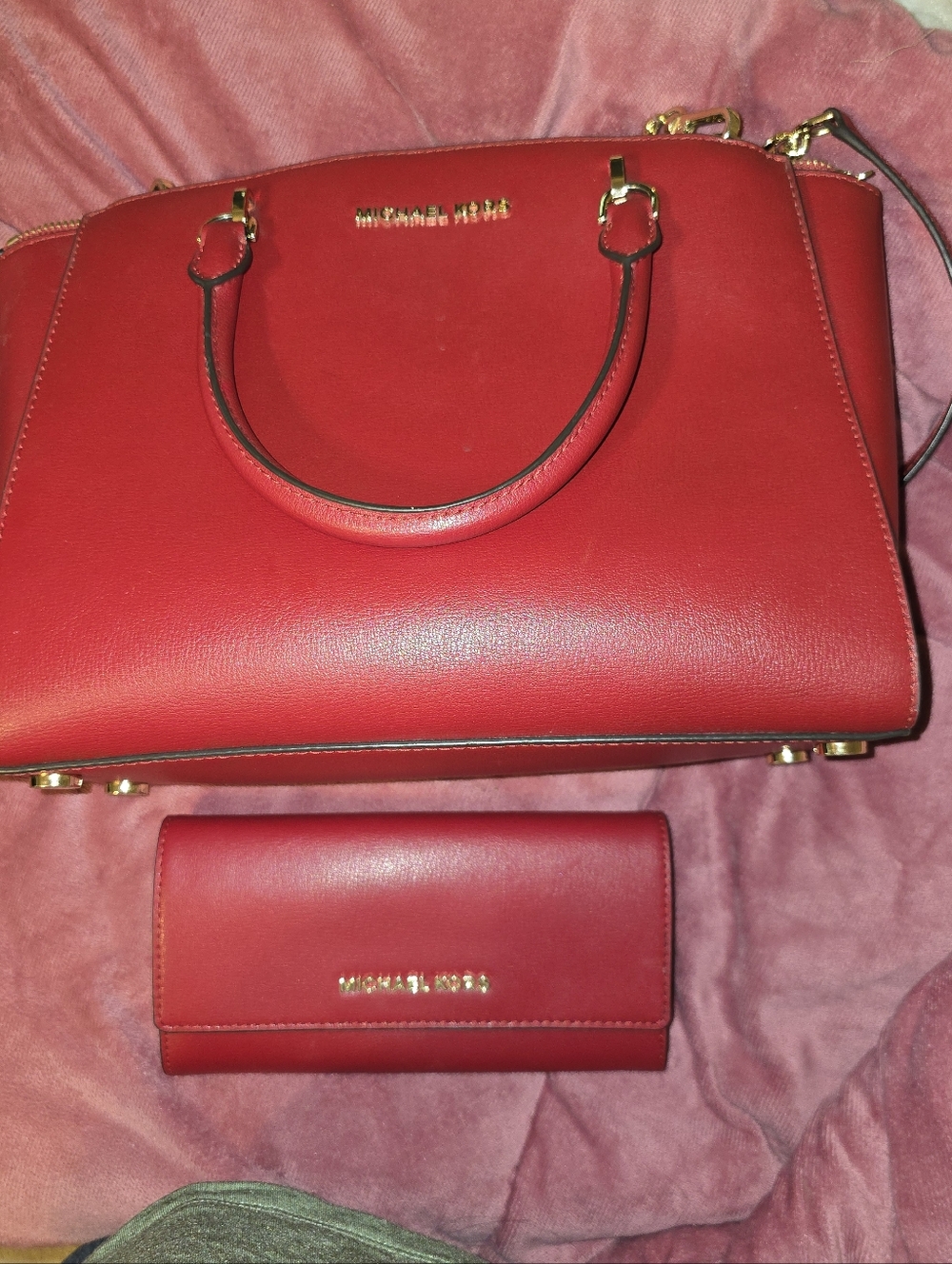 EUC Michael Kors Red Saffiano Satchel with Matching Wallet